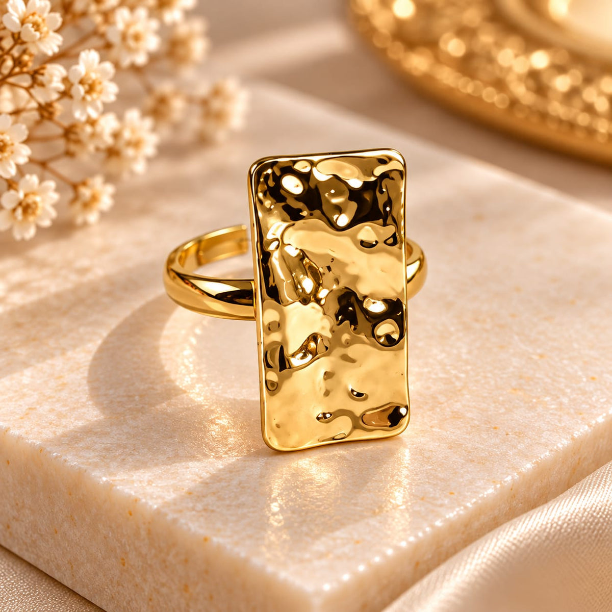 Hammered Gold Statement Ring – Textured Rectangular Adjustable Ring for Women