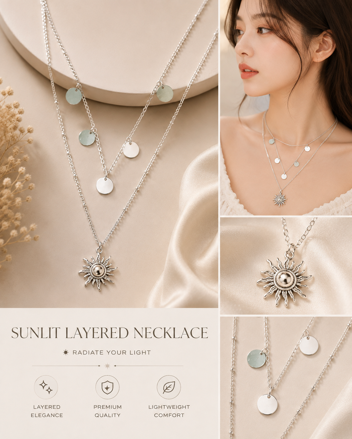 Silver Sun Pendant Layered Necklace – Minimalist Disc Charm Statement Necklace