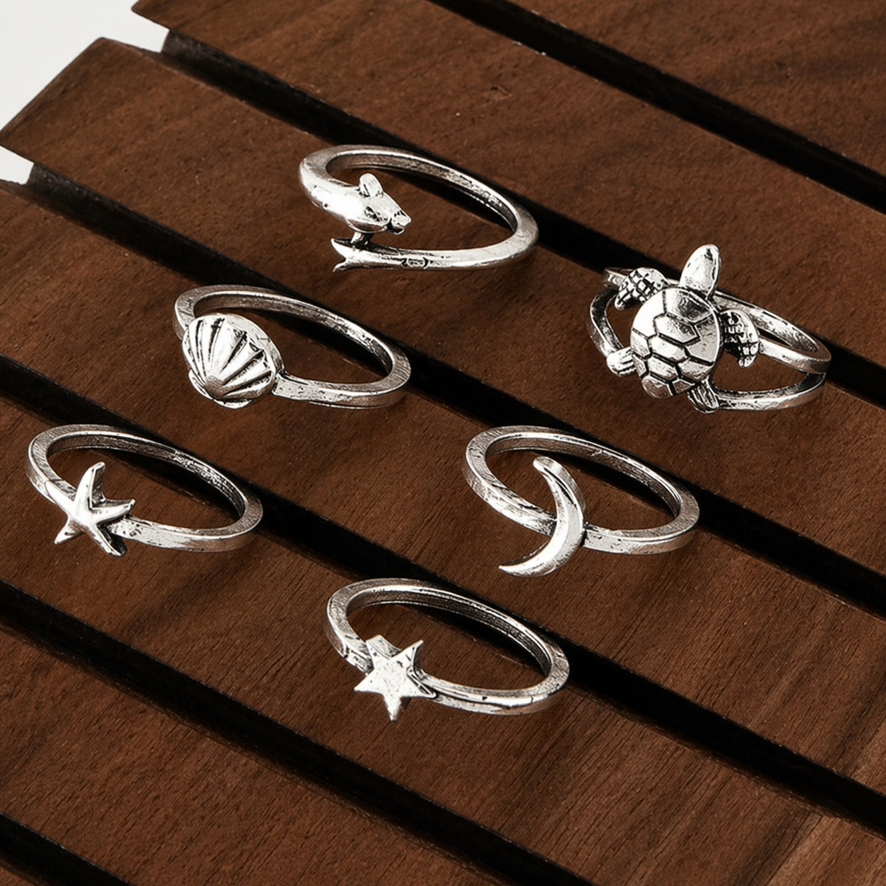 Ocean-Inspired Silver Ring Set (6 Pieces)