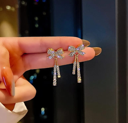 Sparkling Bow Tassel Drop Earrings
