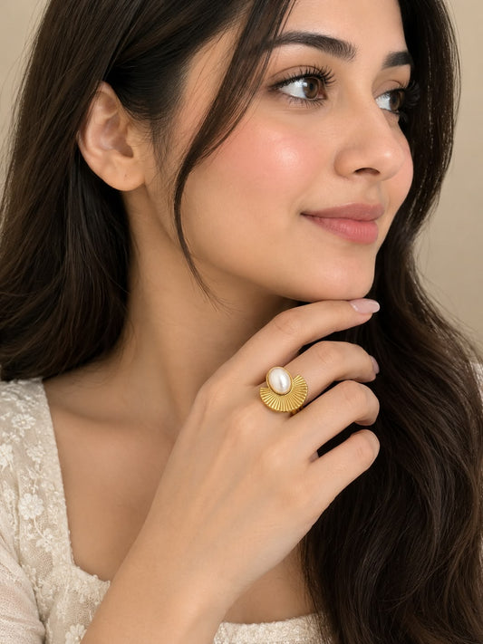 Gold-tone pearl statement ring for women with fan-shaped detailing, Korean-style fashion jewellery