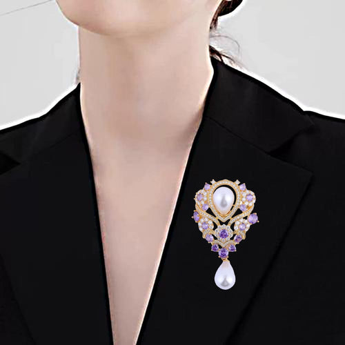 Elegant Pearl & Purple Crystal Statement Brooch