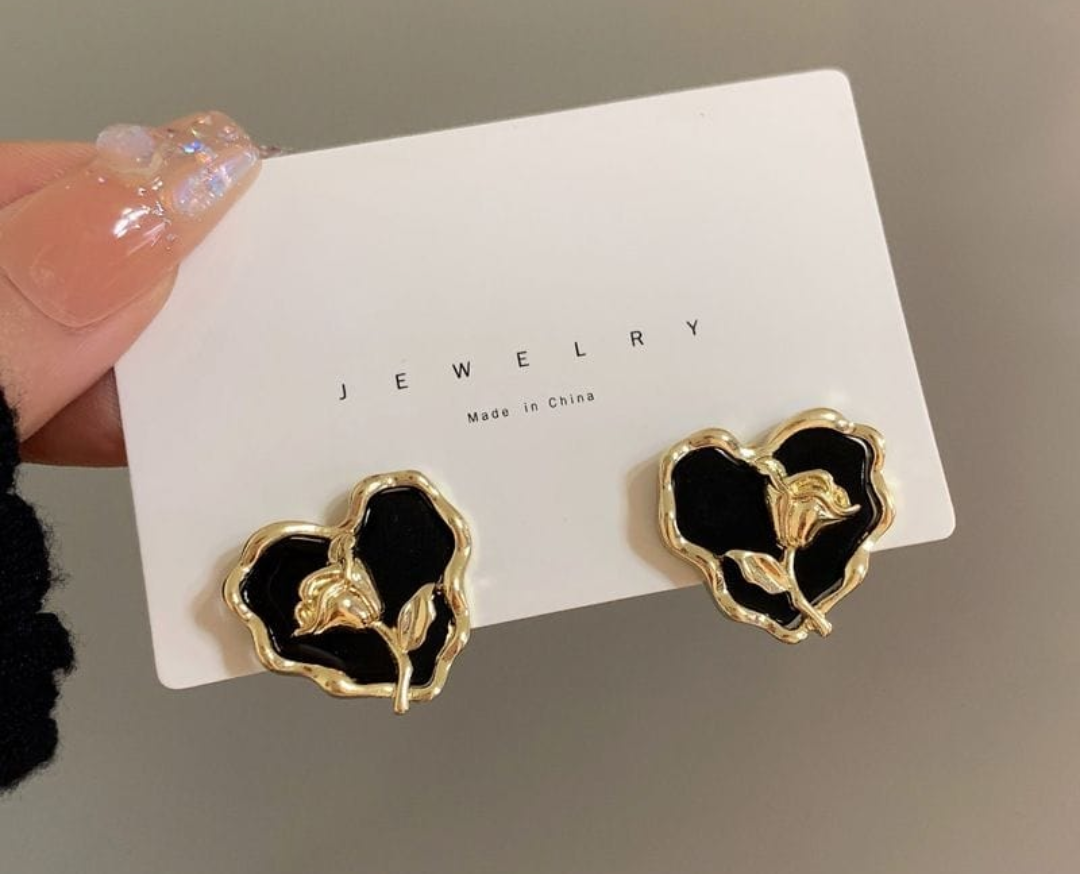 Gothic Noir Rose Heart Earrings