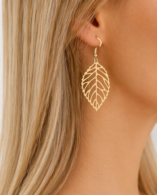 Gold Hollow Leaf Drop Earrings