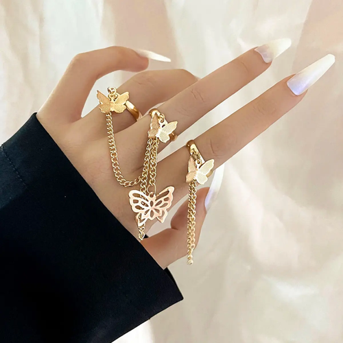Butterfly Chain Ring Set – Elegant Gold & Silver Tone Adjustable Rings
