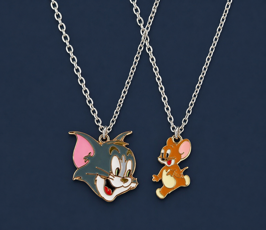Cartoon Cat & Mouse Duo Pendant Necklace Set
