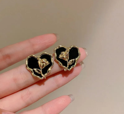 Gothic Noir Rose Heart Earrings