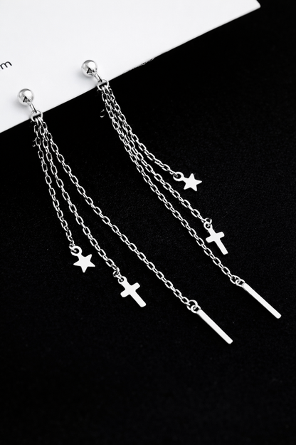 Elegant Star & Cross Chain Tassel Earrings