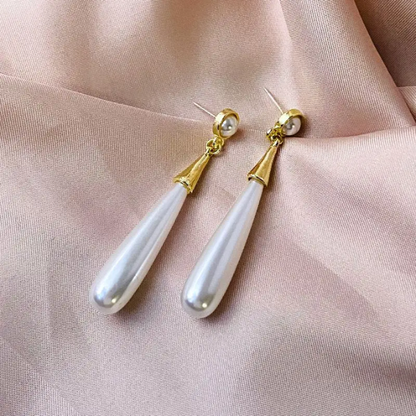 Pearl Drop Earrings – Gold Tone Long Teardrop Statement Earrings