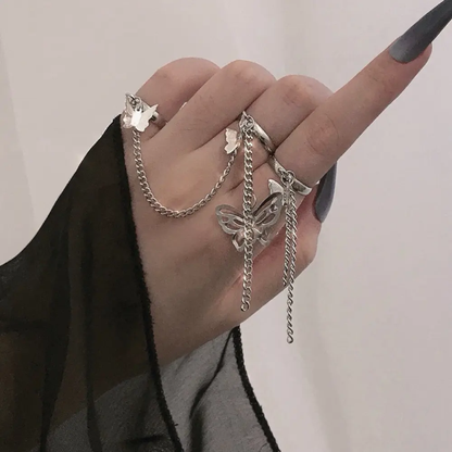Butterfly Chain Ring Set – Elegant Gold & Silver Tone Adjustable Rings