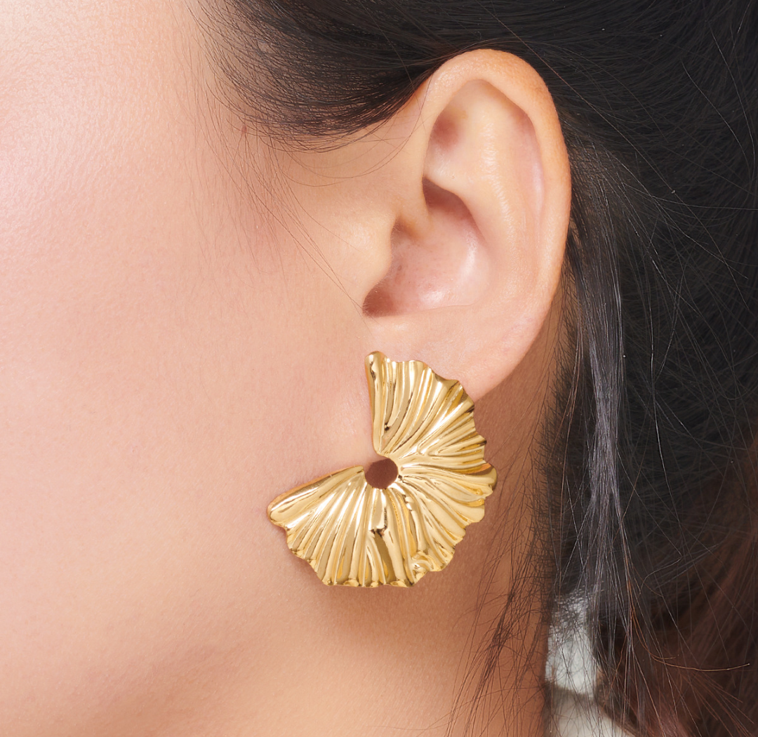 Gold Sculpted Fan Statement Earrings
