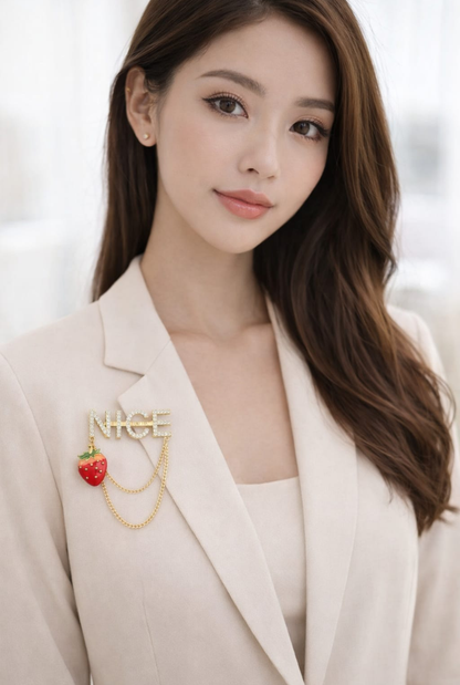 Chic “NICE” Strawberry Chain Brooch