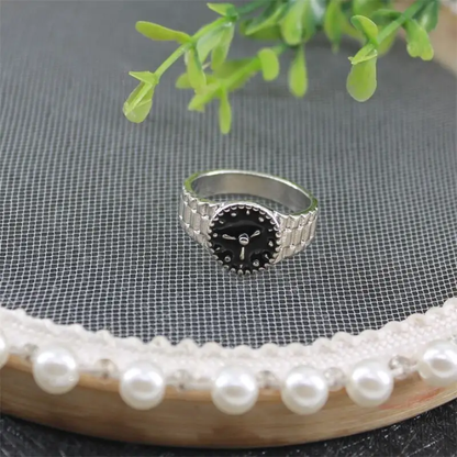 Elegant Black Dial Watch-Inspired Rings – Vintage Statement Ring