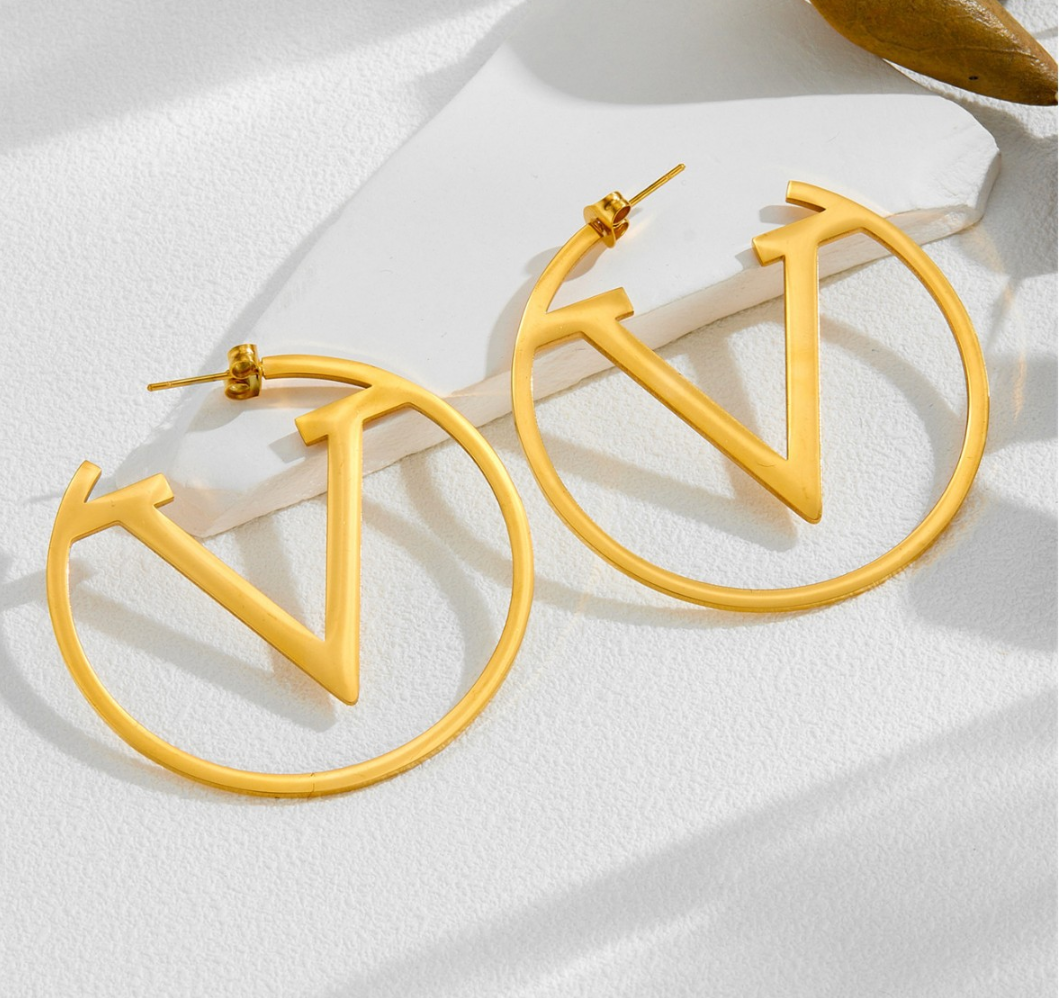 Gold “V” Logo Hoop Earrings – Modern Iconic Statement