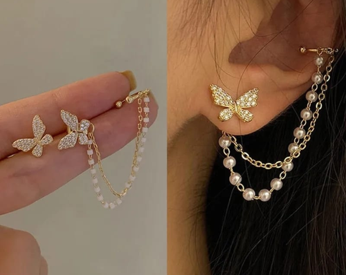 Butterfly Pearl Chain Ear Cuff Earrings