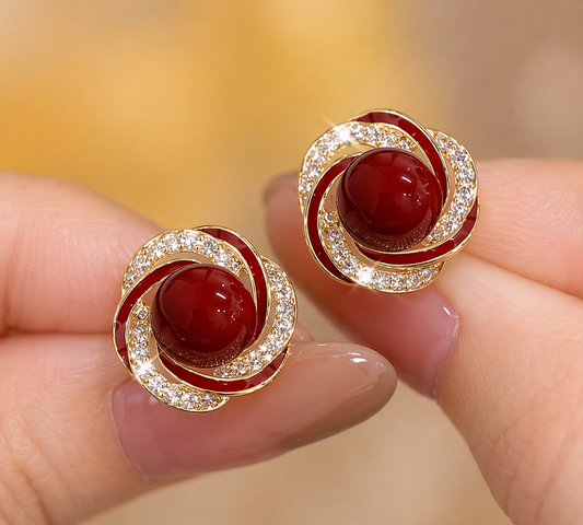 Gold Swirl Red Stone Stud Earrings