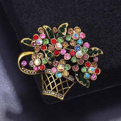Elegant Floral Basket Brooch – Multicolor Crystal Lapel Pin