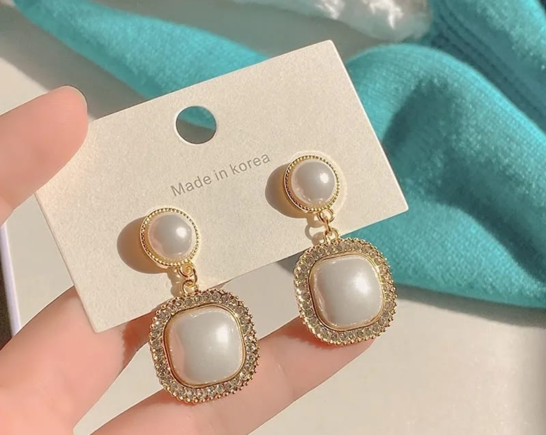 Vintage Pearl Square Drop Earrings