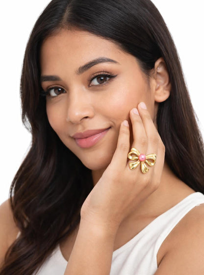 Elegant Bow Pearl Statement Ring – Golden Finish