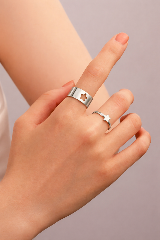 Elegant Star Couple Ring Set – Minimal Silver Adjustable Rings