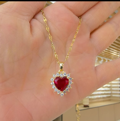 Radiant Ruby Heart Halo Necklace