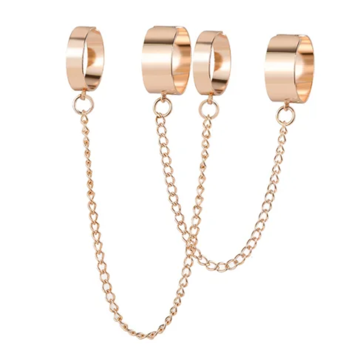 Gold-Tone Chain Connected Ring Set – Statement Link Finger Rings