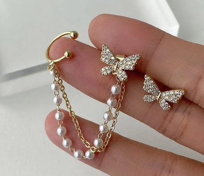 Butterfly Pearl Chain Ear Cuff Earrings