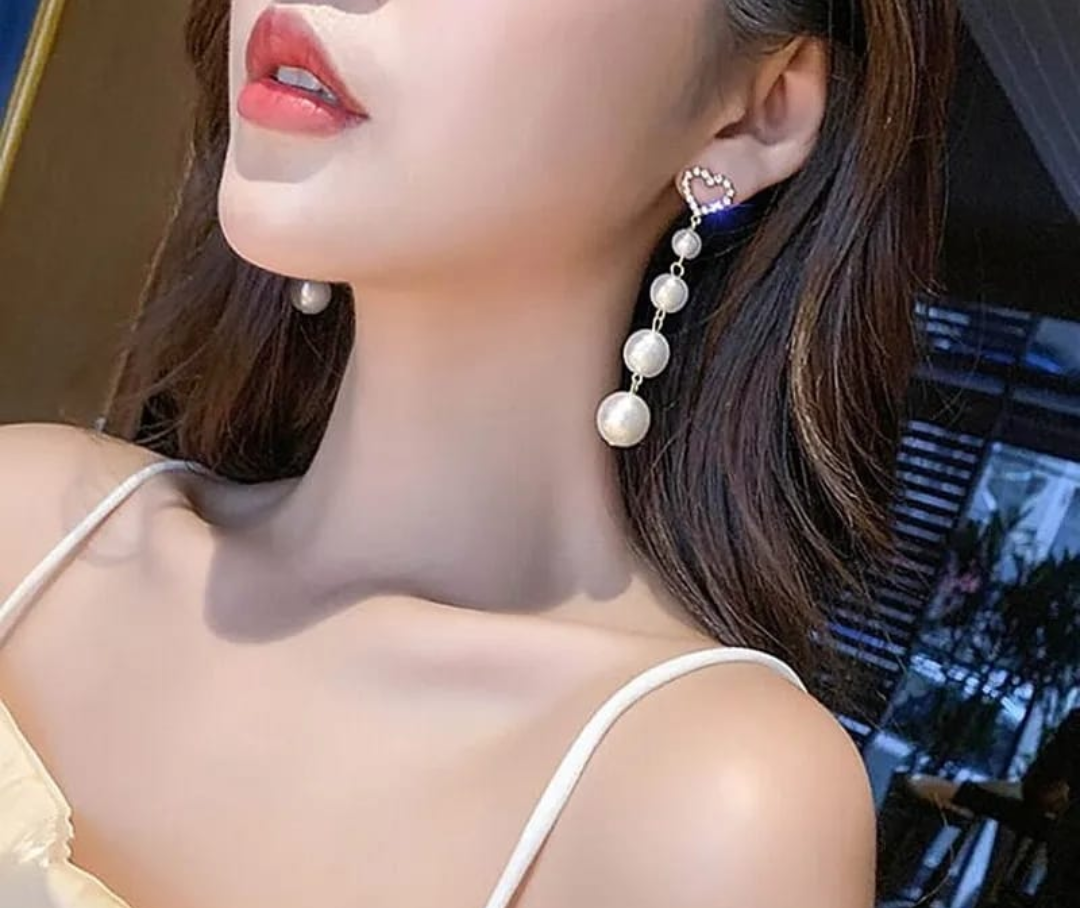 Crystal Heart Pearl Drop Earrings