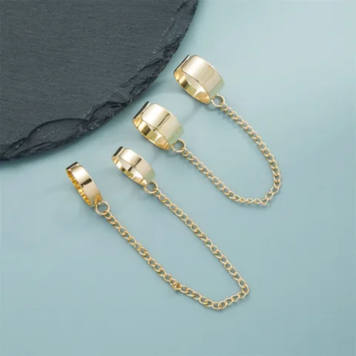 Gold-Tone Chain Connected Ring Set – Statement Link Finger Rings