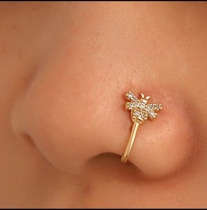 Gold Bee Nose Ring with Sparkling Stones
