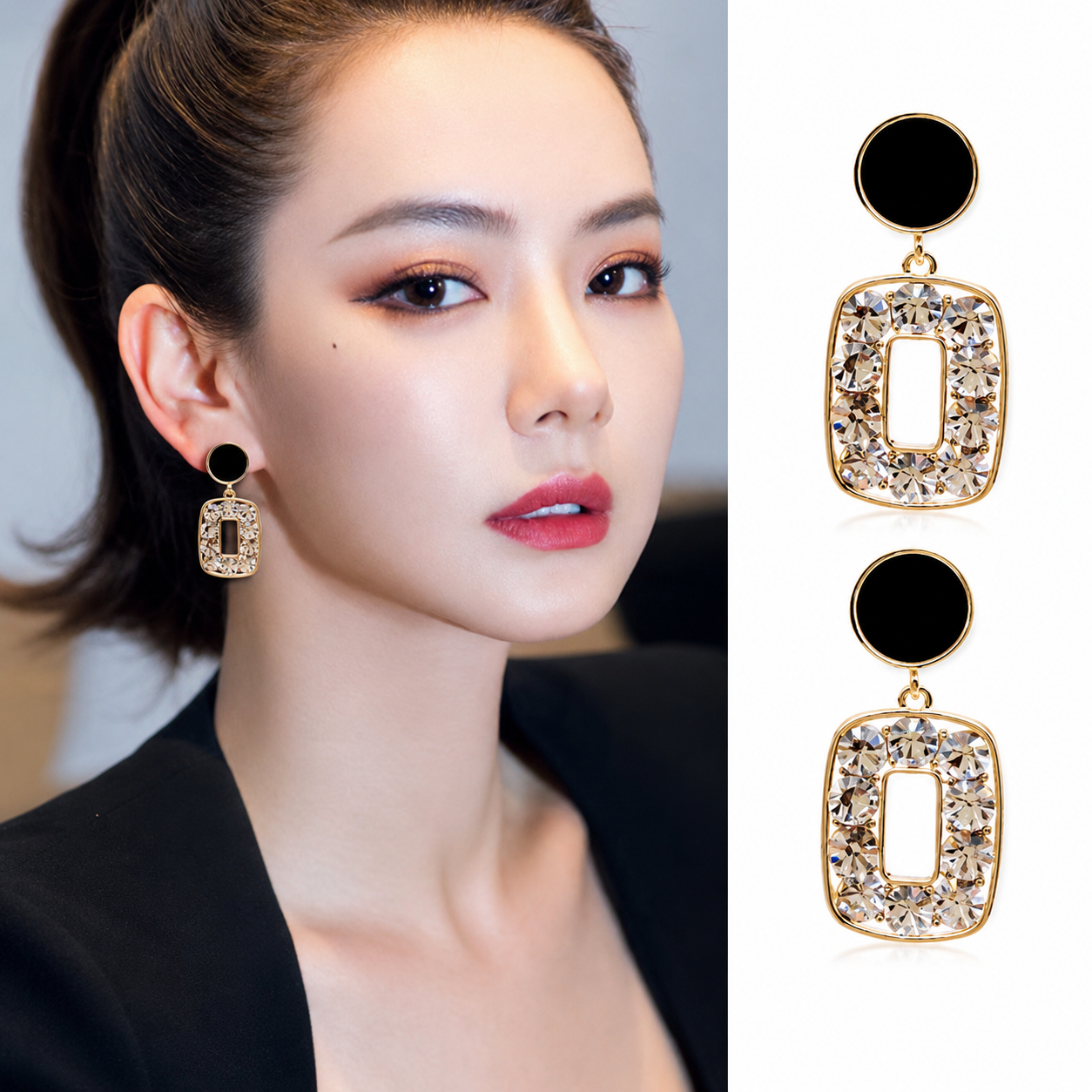 Black & Gold Rhinestone Drop Earrings – Elegant Statement Earrings for Women
