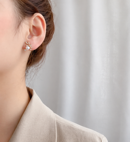 Gold Leaf Pearl Stud Earrings with Crystal Accents