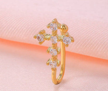 Gold Cross Nose Stud with Gemstones
