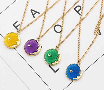 Celestial Moon & Star Color Disc Pendant Necklace