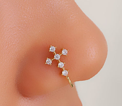 Gold Cross Nose Stud with Gemstones