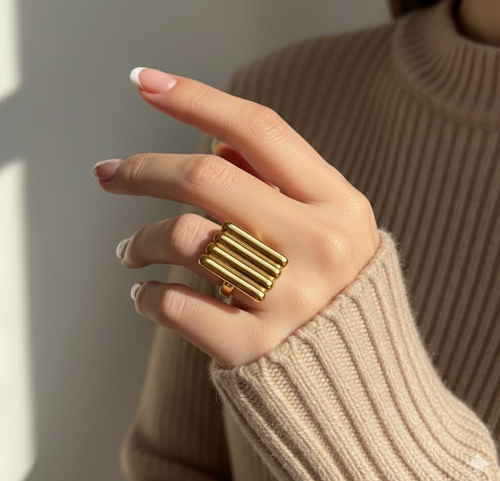 Modern Ribbed Golden Bar Statement Ring