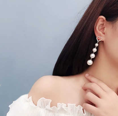 Crystal Heart Pearl Drop Earrings