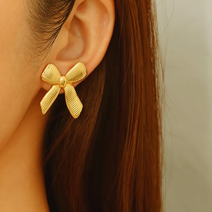 Gold-Tone Bow Statement Earrings – Elegant Ribbed Ribbon Earrings for Women