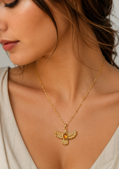 Eagle Pendant Necklace with Amber-Tone Stone – Vintage Winged Bird Necklace