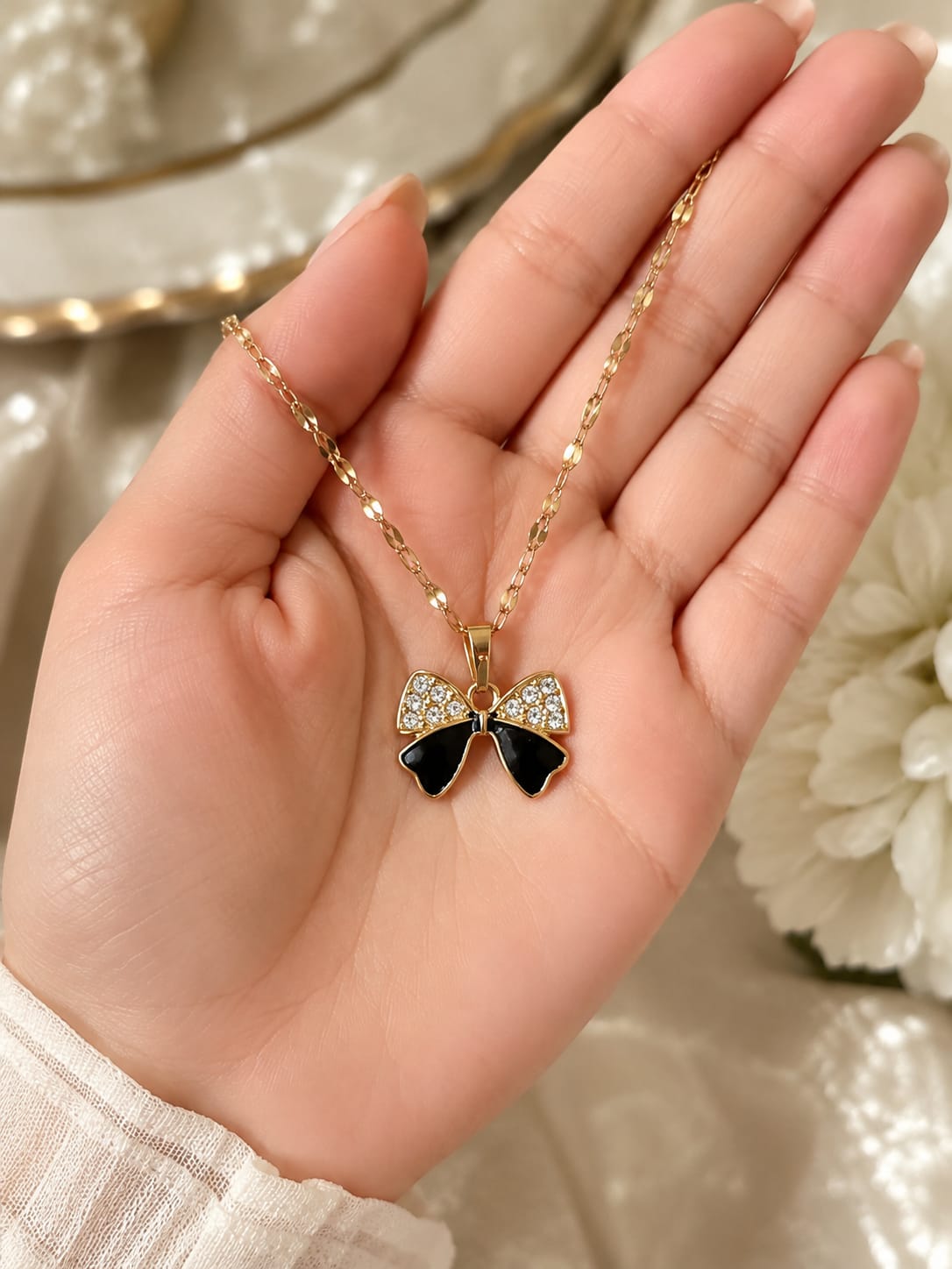 Black Bow Pendant Necklace