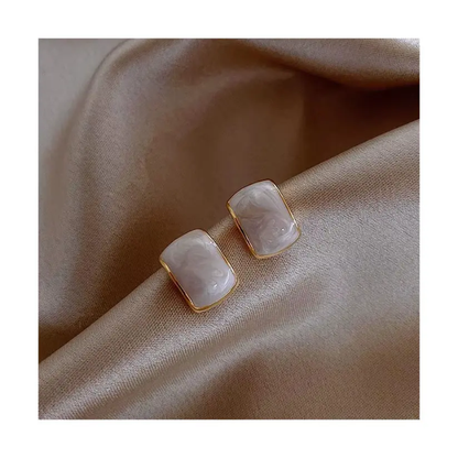 White Marble-Style Rectangle Stud Earrings – Minimalist Gold-Tone Earrings