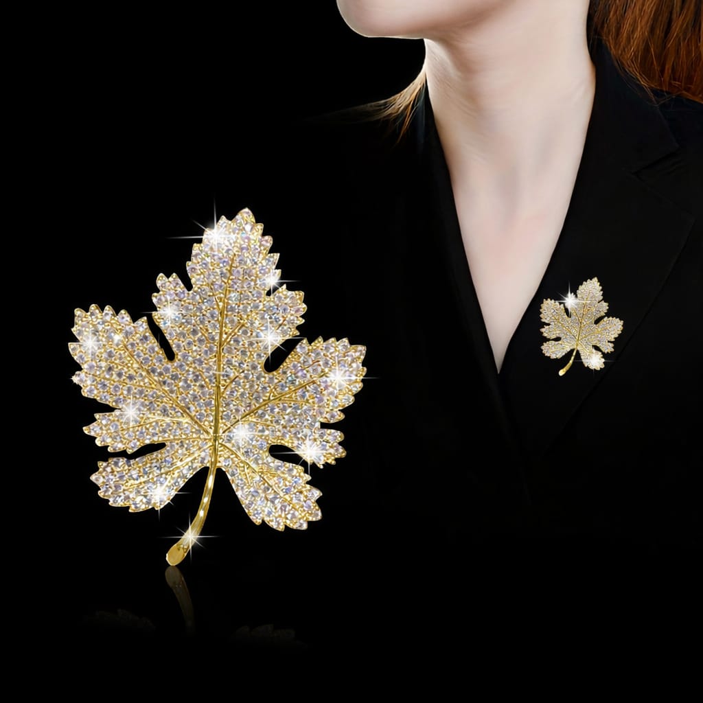 Golden Crystal Maple Leaf Brooche