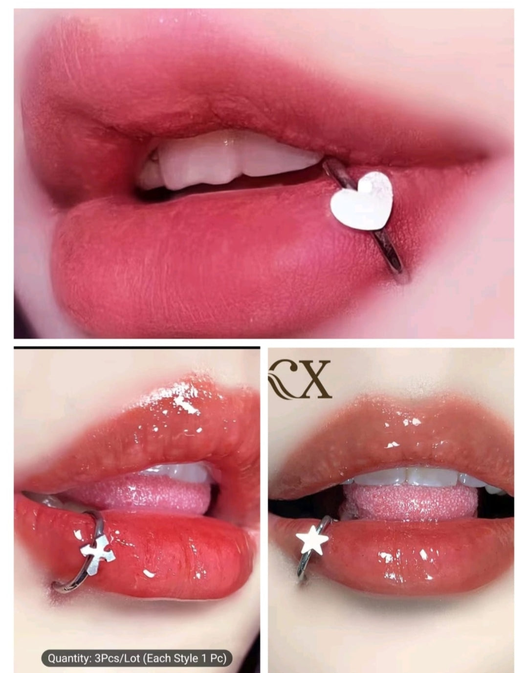 3-Piece Silver Lip Ring Set – Star, Heart & Cross