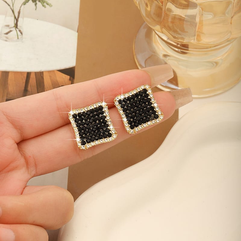 Black Rhinestone Square Stud Earrings – Elegant Crystal Statement Earrings for Women