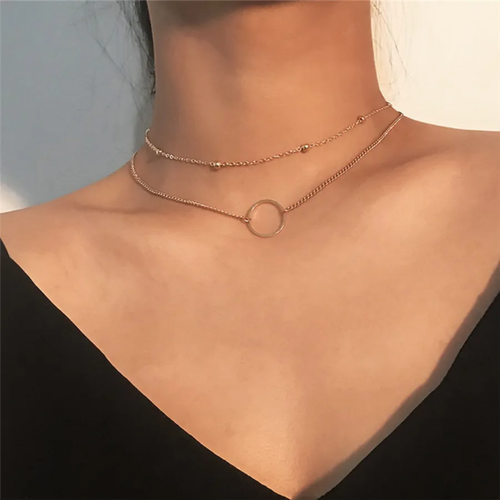 Double Layer Circle Pendant Necklace – Minimalist Beaded Chain Necklace