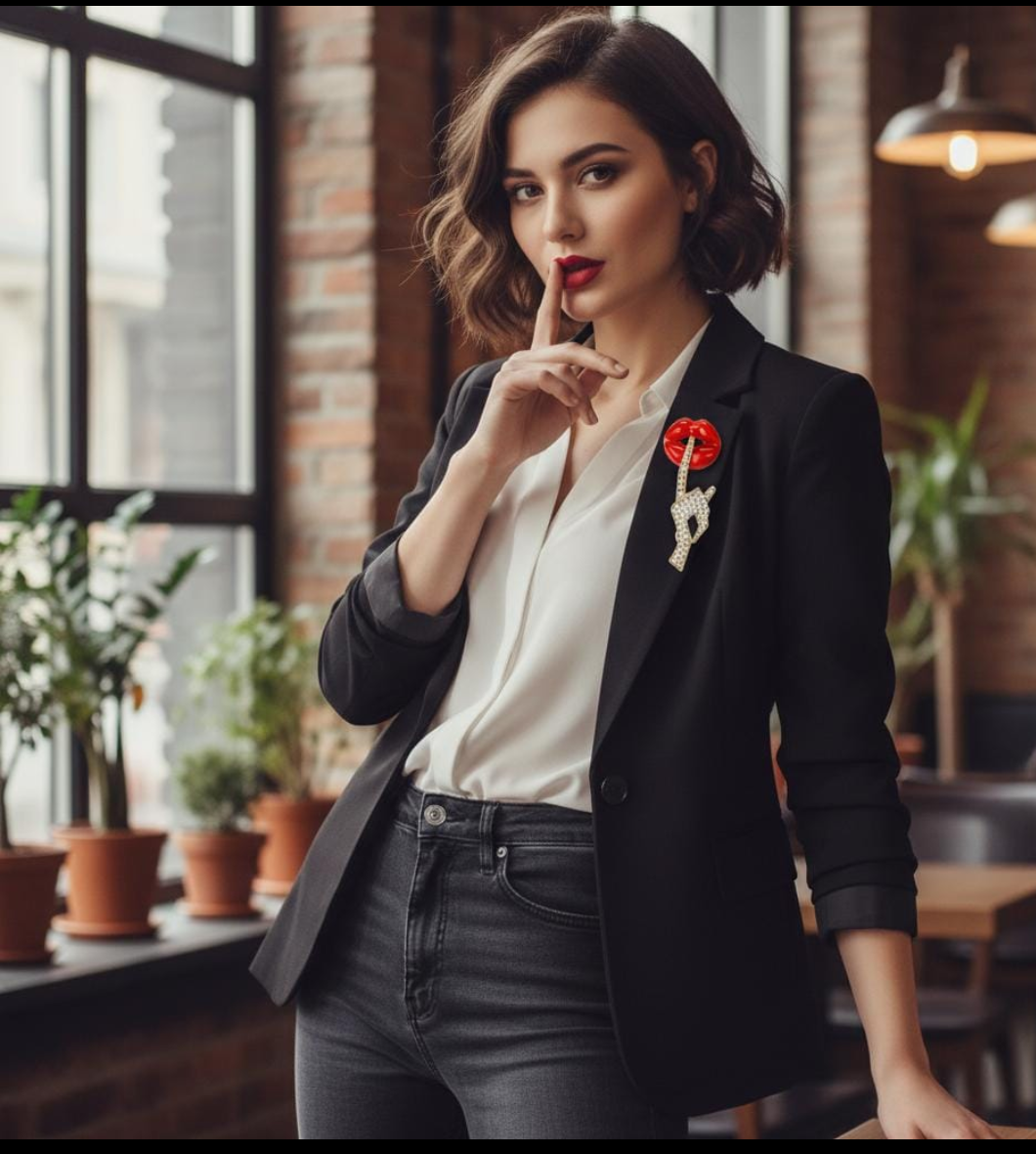 Red Lips Crystal Hand Brooch