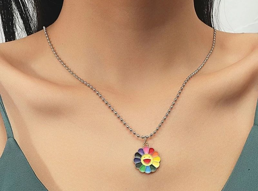 Rainbow Smiley Flower Pendant Necklace