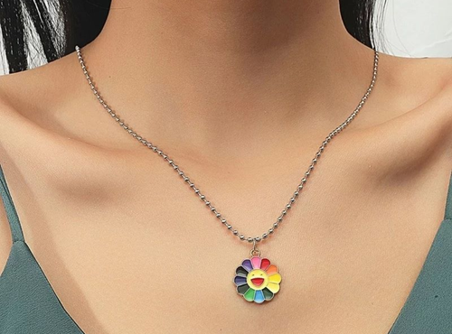 Rainbow Smiley Flower Pendant Necklace