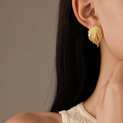Gold Leaf Drop Earrings – Elegant Textured Leaf Statement Earrings