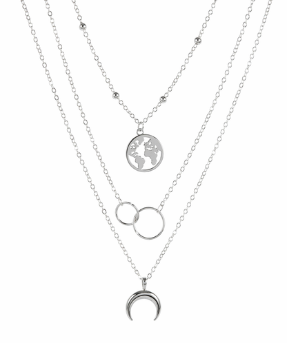 Boho Layered World & Circle Pendant Necklace Set